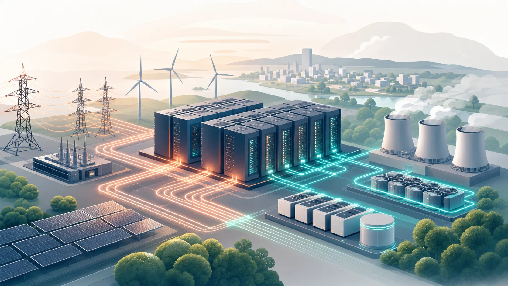 Bloques abstractos de centros de datos conectados a líneas eléctricas, sistemas de refrigeración, paneles solares y turbinas eólicas