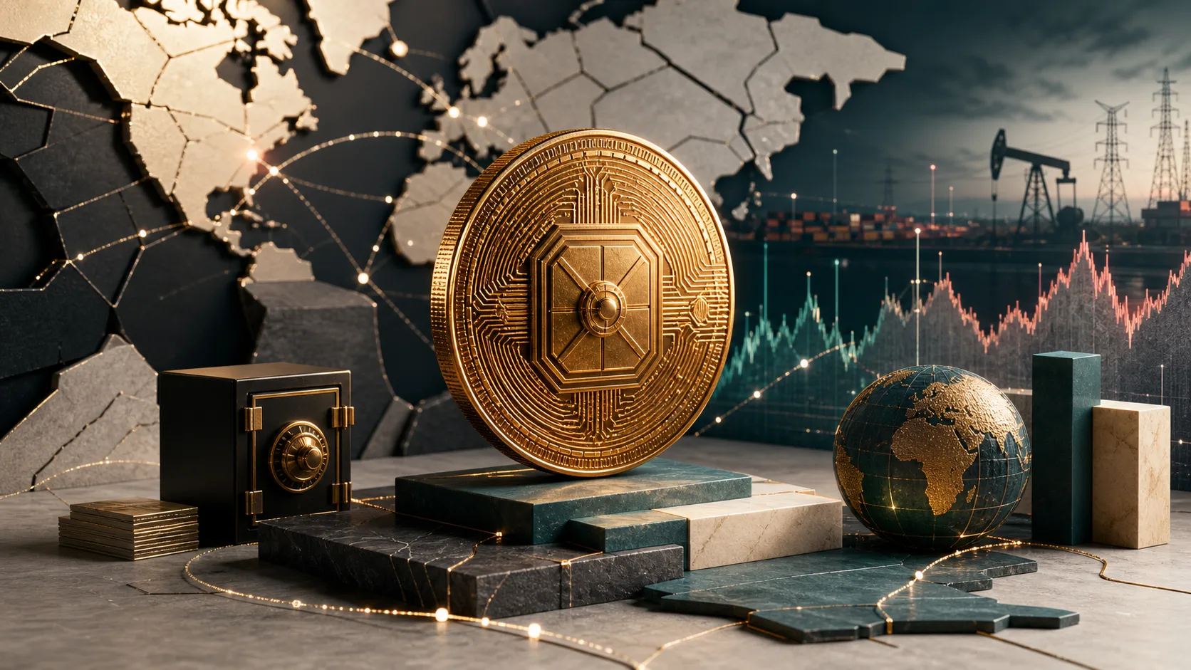Moneda digital abstracta junto a una bóveda, mapa global, energía y gráficos de mercado