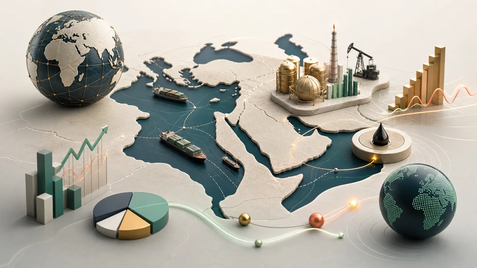 Mapa conceptual de Oriente Medio con rutas marítimas, energía y gráficos económicos abstractos